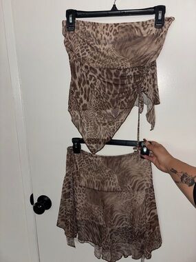 See You Monday Brown Animal Print Mini Skirt Set